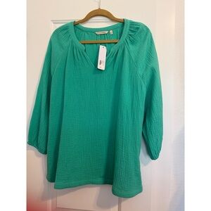 Soft Surroundings Blain Gauze Pullover Women's Green Top Blouse New Size L